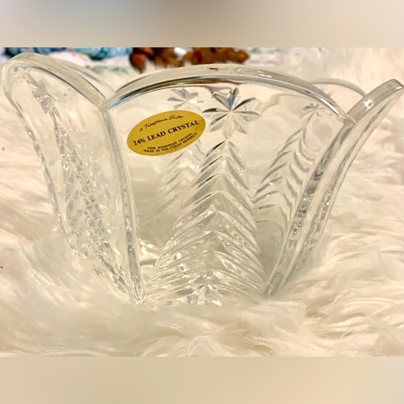 Lead Crystal Holiday Ice Bucket Bowl Winter Evergreen Tree  Stars Etched Czech - Picture 1 of 11